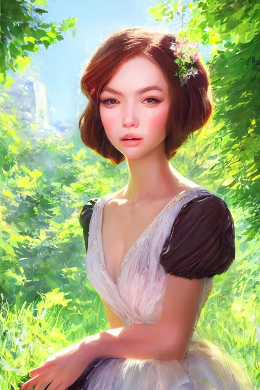Prompt: portrait of a princess, painting by michael wellen, john stephens, artgerm, ilya kuvshinov, in a verdant garden, tone mapping, trending on artstation