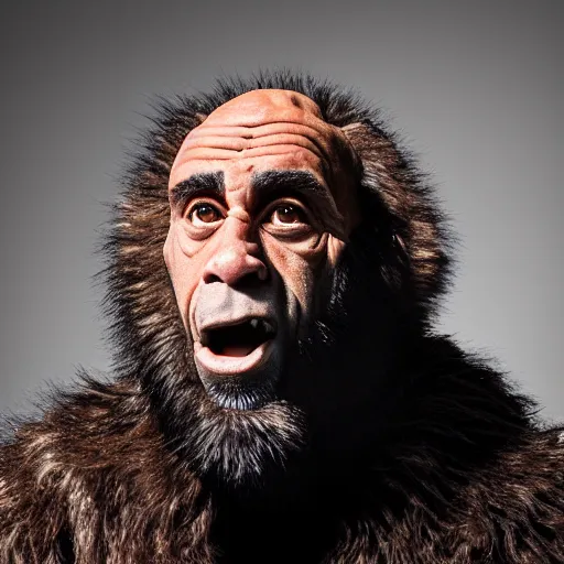 Image similar to Photo portrait Joe Rogan as a wax neanderthal cave man exaggerated brow wrapped in fur cloak screaming like a ape in the natural history museum background dramatic lighting 85mm lens by Steve McCurry