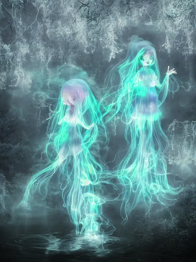 Prompt: cute fumo plush smiling ectoplasmic gothic jellyfish ghost girl dancing over mysterious waters, anime, reflective moonlit river in the midst of a forgotten forest, glowing pink wisps of hazy green smoke and eerie blue volumetric fog swirling, glowing lens flare, black and white, refraction, vray