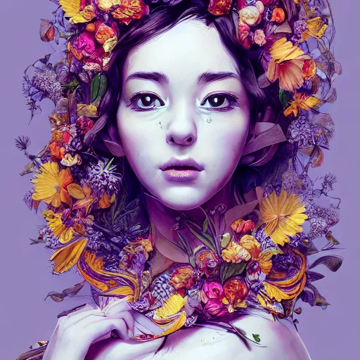 Image similar to the portrait of an absurdly beautiful, graceful, elegant, chaste, young woman made of petals and bananas looking up, an ultrafine detailed illustration by kim jung gi, irakli nadar, intricate linework, bright colors, octopath traveler, final fantasy, angular, unreal engine 5 highly rendered, global illumination, radiant light, detailed and intricate environment