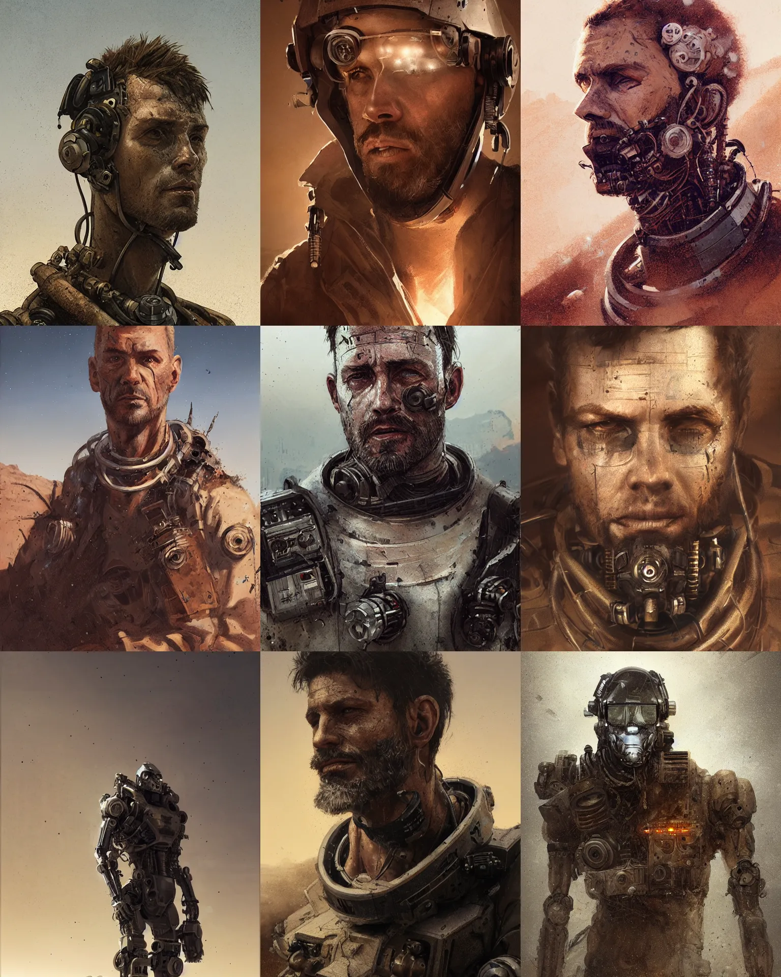 Prompt: a rugged technician man with cybernetic enhancements lost in the desert, scifi character portrait by greg rutkowski, esuthio, craig mullins, 1 / 4 headshot, cinematic lighting, dystopian scifi gear, gloomy, profile picture, mechanical, half robot, implants, steampunk