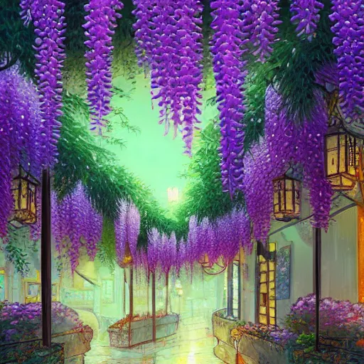 Prompt: japanese wisteria alley lanterns glow at night, vivid color, highly detailed, digital painting, artstation, concept art, matte, sharp focus, impressionnisme, art by james jean