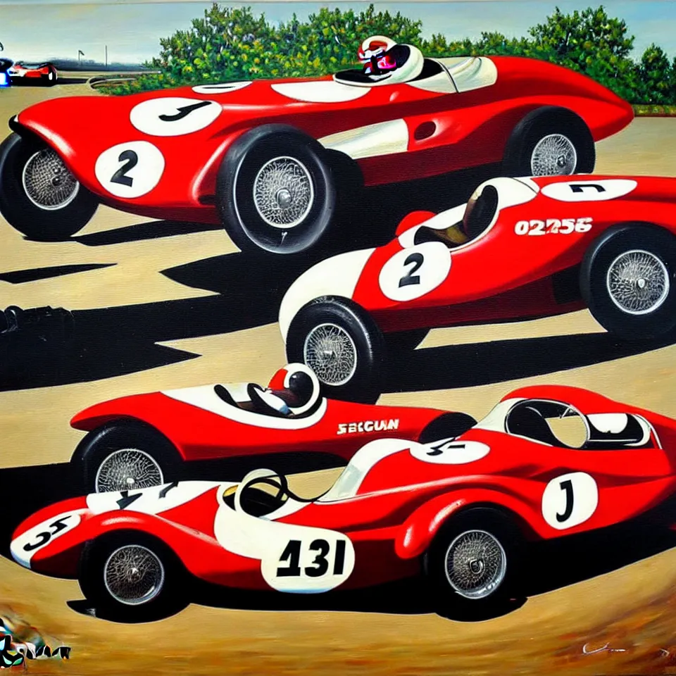 Prompt: a oil painting of a vintage car racing poster