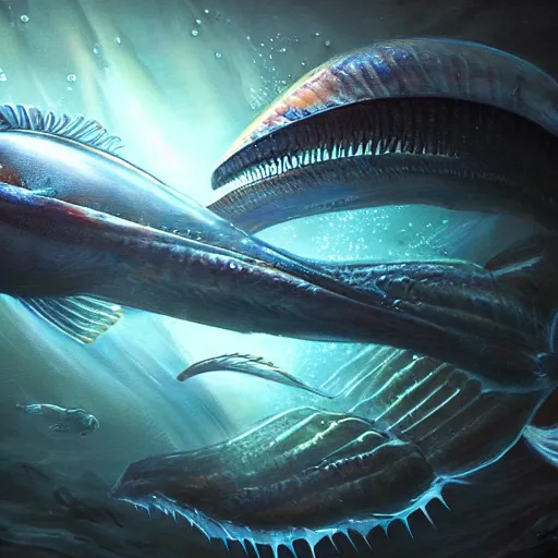 Image similar to alien fish underwater scene cinematic lighting detailed realistic painting photorealistic digital artwork concept art