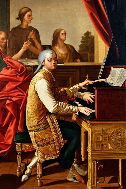 Prompt: a stunning renaissance painting of Wolfgang Amadeus Mozart playing a modular synthesizer, strong dramatic lighting, highly detailed, oil on canvas, HD, 4K