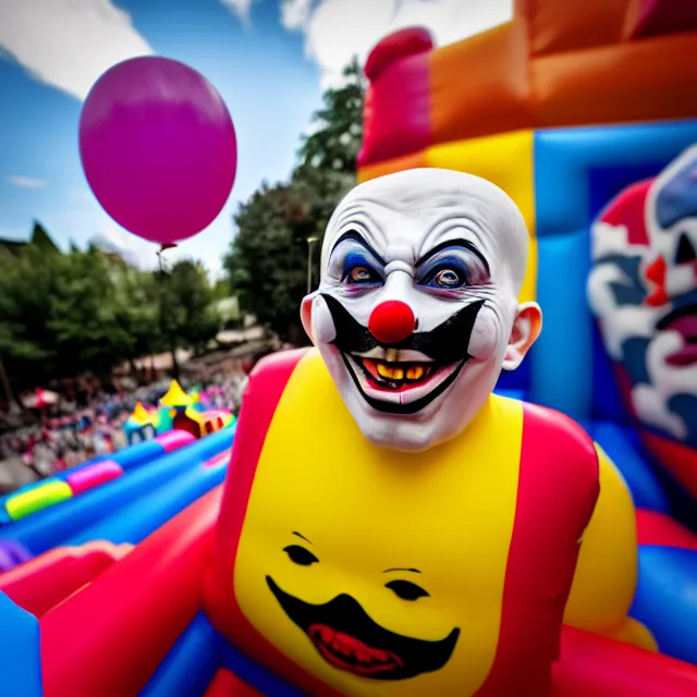 Image similar to scary bouncy castle clown, highly detailed, 8 k, hdr, smooth, sharp focus, high resolution, award - winning photo