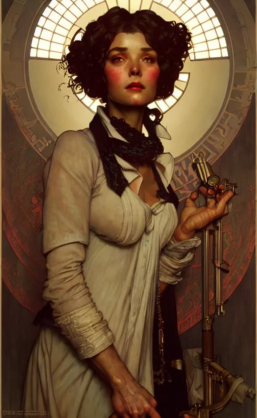 Image similar to karl marx daughter gorgeous lighting by weta studio, mucha, bautista and norman rockwell and greg rutkowski and tom bagshaw and james gurney and lucasfilm