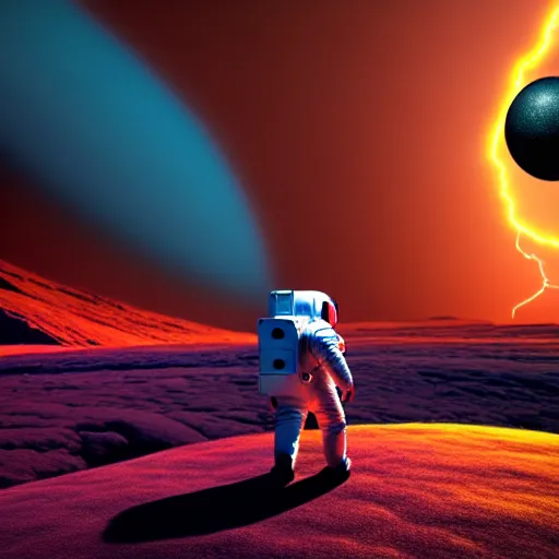 Image similar to astronaut finding a flower on an alien planet with mountains, water, strange clouds, hyper realistic, dramatic lightning, ray tracing, 8 k