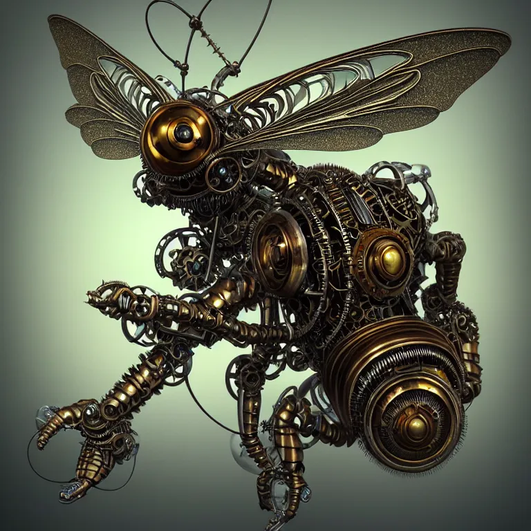 Image similar to steampunk cybernetic biomechanical bee with wings, 3 d model, very coherent symmetrical artwork, unreal engine realistic render, 8 k, micro detail, intricate, elegant, highly detailed, centered, digital painting, artstation, smooth, sharp focus, illustration, artgerm, tomasz alen kopera, wlop