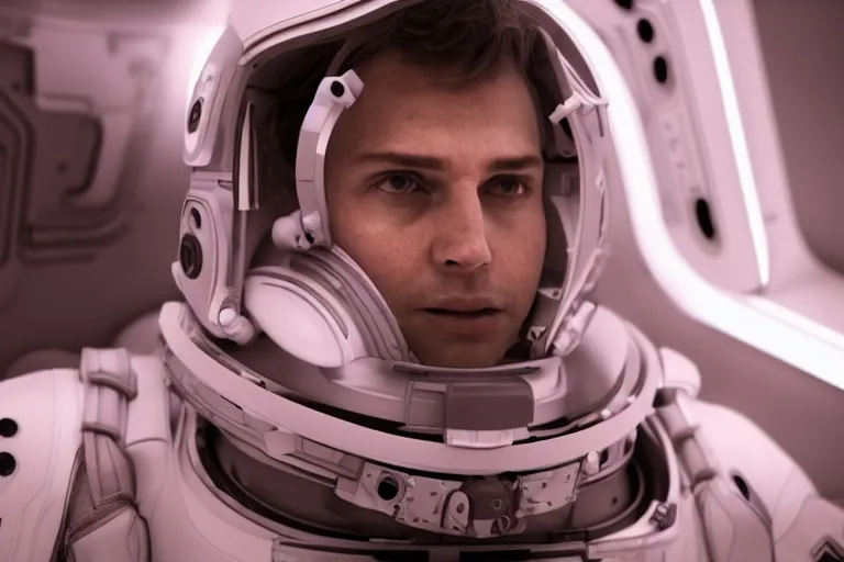 Image similar to VFX movie of a futuristic spaceman closeup portrait in high tech spaceship, beautiful natural skin neon lighting by Emmanuel Lubezki