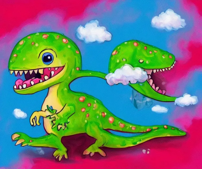 Image similar to a cute little dinosaur, water painting, cotton candy, fluffy clouds