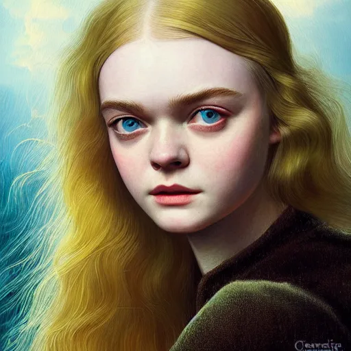 Image similar to professional painting of Elle Fanning in the style of James C. Christensen, head and shoulders portrait, symmetrical facial features, smooth, sharp focus, illustration, intricate, stormy weather, extremely detailed masterpiece,