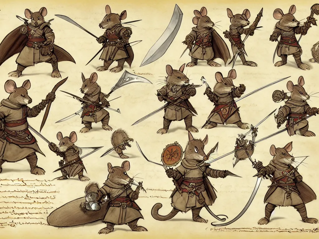 Image similar to character design sheet for a heroic mouse knight with sword and shield on a parchment background, redwall, greg rutowski and jean baptiste monge, very very detailed, epic fantasy concept art