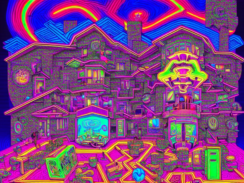 Image similar to house party, epic angle, happy, psychedelic, hip hop, surreal, neon, vaporwave, detailed, illustrated by Alex Grey, 4k