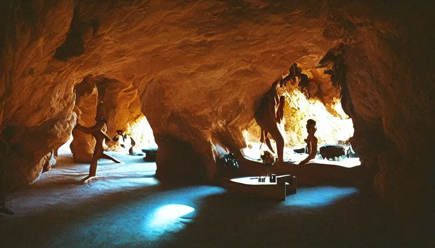 Prompt: 1990s candid 35mm photo of a beautiful day in the living room, cinematic lighting, cinematic look, golden hour, a cave opening reveals a large absurd looking creature from another dimension, UHD