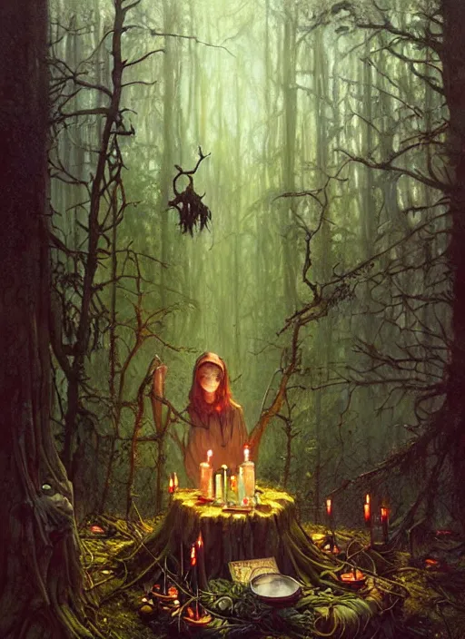 Image similar to a hyper realistic witch shrine, candles, in the woods, distant explosions, gorgeous lighting, lush forest foliage, painting by chiara bautista and tom bagshaw, mucha, beksinski and norman rockwell and greg rutkowski weta studio, and lucasfilm