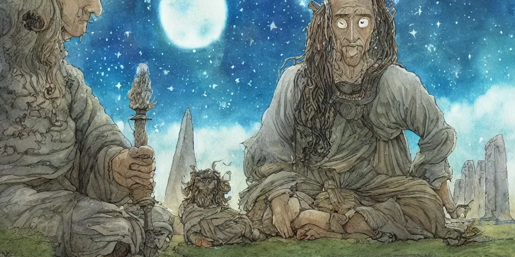 Image similar to a hyperrealist studio ghibli watercolor fantasy concept art of a giant long haired medieval monk in lotus position in stonehenge with a starry sky in the background. a giant alien starship from independence day ( 1 9 9 6 ) is floating in the air. by rebecca guay, michael kaluta, charles vess