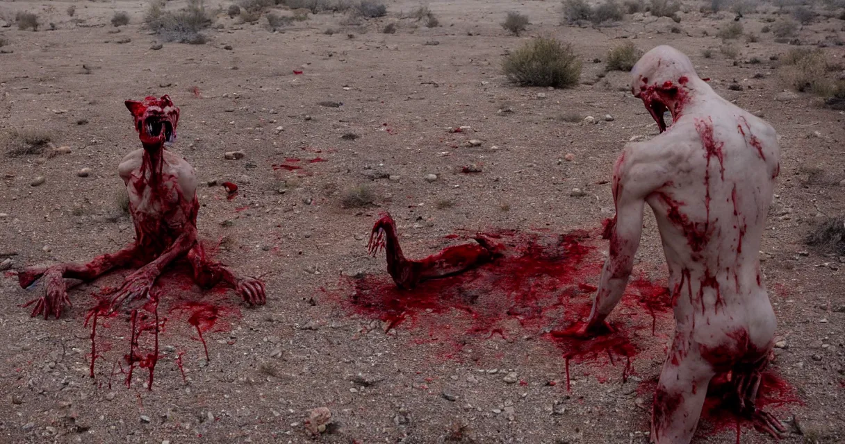 Image similar to in the desert a bloody gross horrifying The Thing creature made of muscle and bone and blood stares at the camera, eating, there is a pool of blood on the ground, it walks on two legs, like a skinwalker, mid day, 35mm photography, realistic,