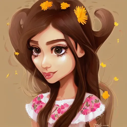 Prompt: hispanic girl with long brown hair, flower dress, face, sticker, emoji, by rossdraws, wlop, artstation trending