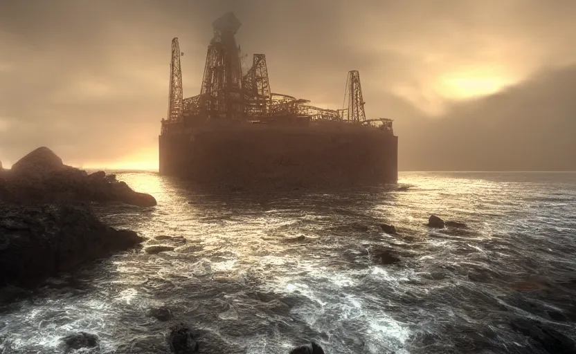 Image similar to old offshore oil rig, directed by charlie kaufman ( 2 0 0 1 ) anamorphic lenses, a rocky shore in the foreground, foggy volumetric light morning, a beam of light from the heavens, cinematic trending on artstation in the style of greg rutkowski