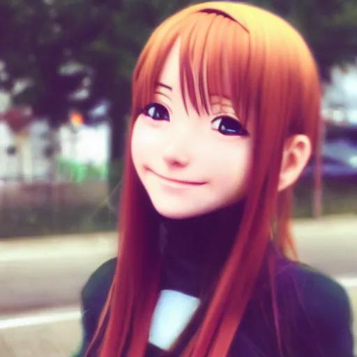 Image similar to grainy cheap nokia mobile phone footage of an anime girl spotted in real life, off center, at an angle, found footage, small filesize, jpeg artifacting and ringing, low res, blurry, uncanny valley, smiling