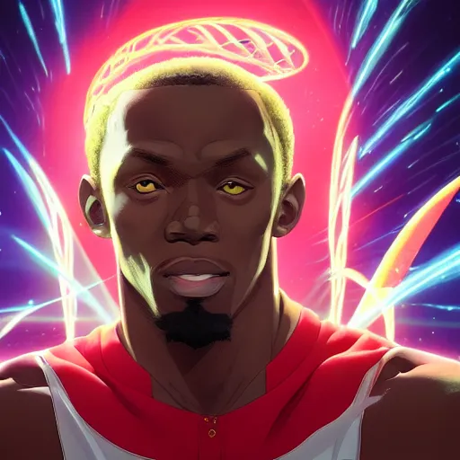 Image similar to portrait of usain bolt the incarnation of hermes, anime fantasy illustration by tomoyuki yamasaki, kyoto studio, madhouse, ufotable, square enix, cinematic lighting, trending on artstation