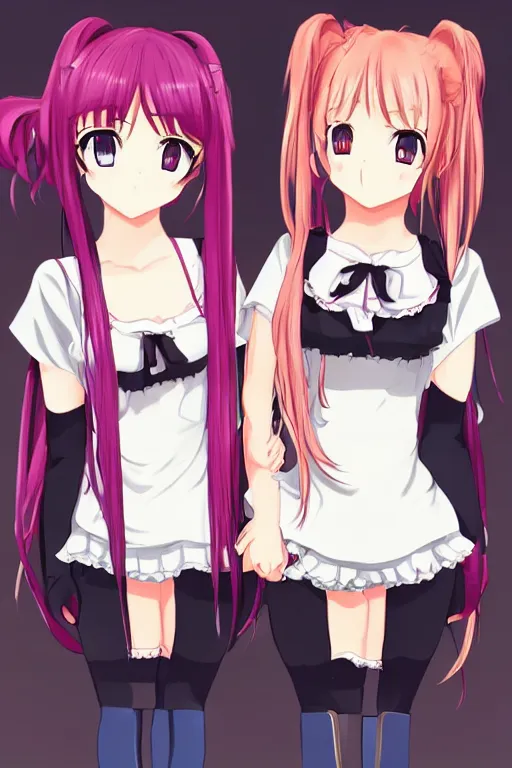 Image similar to two beautiful female idols with twintails standing chest to chest, dark background, soft anime art