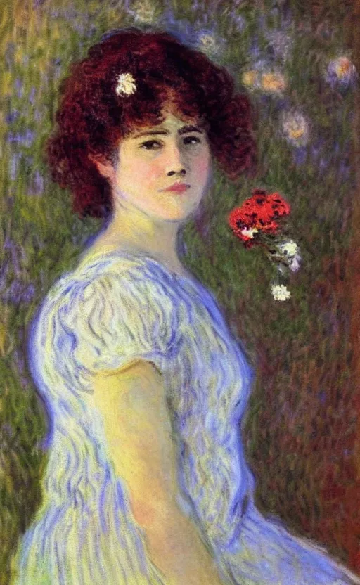 Image similar to portrait by claude monet! of a young woman, frizzy hair! short hair! flowers in the hair, 1 9 th century!
