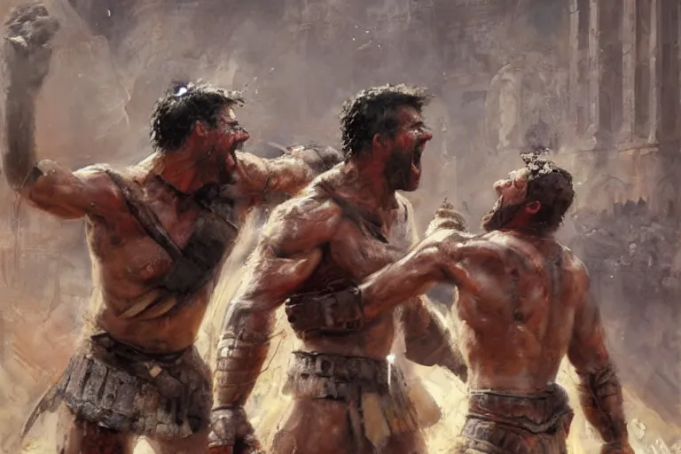 Prompt: a realistic painting of two gladiators fighting each other inside the colosseum, extremely angry facial expressions, hot weather, brutal fight, extreme detail, action pose, Craig Mullins