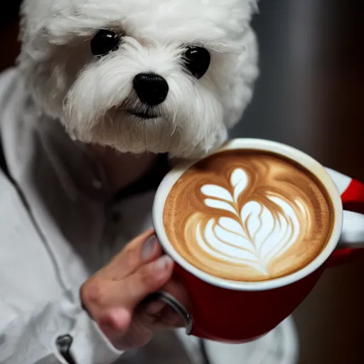 Image similar to a closeup photorealistic photograph of barista drawing bichon frise shaped latte art in a cup. professional capture, well lit shot. this 4 k hd image is trending on artstation, featured on behance, well - rendered, extra crisp, features intricate detail, epic composition and the style of unreal engine.