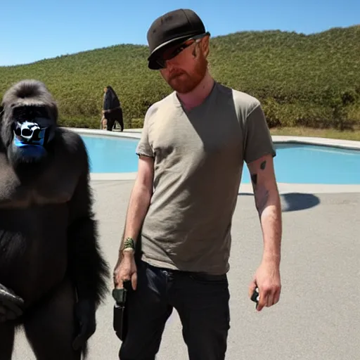 Image similar to A photo of Aaron Paul smoking weed with a gorilla, Jesse Pinkman