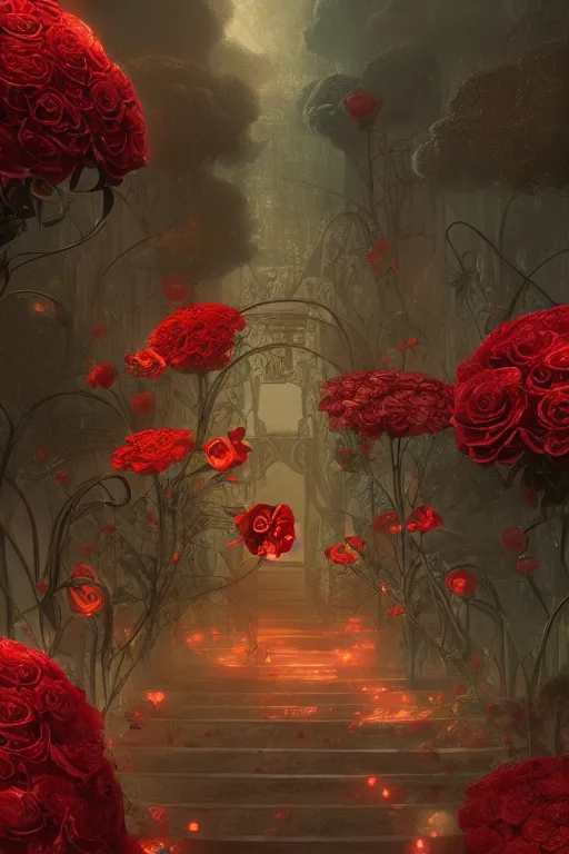 Image similar to Red Rose Garden, Art Nouveau Cosmic 4k Detailed Matte Illustration featured on Getty Images ,CGSociety, Jade and Carrot orange color scheme, Pastiche by Marc Simonetti, Pastiche by Cedric Peyravernay