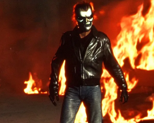 Image similar to Jack Nicholson plays Terminator wearing leather jacket and his endoskeleton is visible, walking out of flames