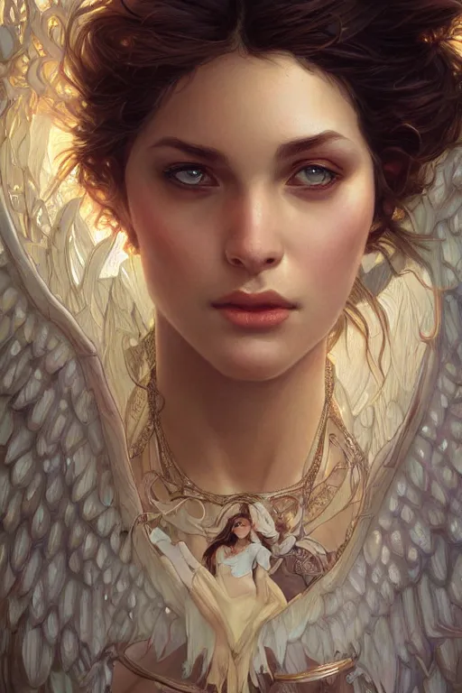 Image similar to up close portrait of a beautiful angel, d & d, face, fantasy, intricate, elegant, highly detailed, digital painting, artstation, concept art, smooth, sharp focus, illustration, art by artgerm and greg rutkowski and alphonse mucha