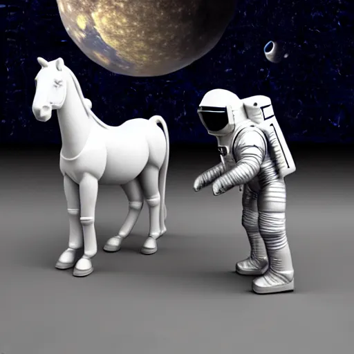 Prompt: an astronaut standing on the ground and a small trippy aggressive centaur standing on that poor little human standing on all fours astronaut, trying to ride it, the minimalistic lonely horse is on his shoulders, minimalist style, 3 d render, isometry
