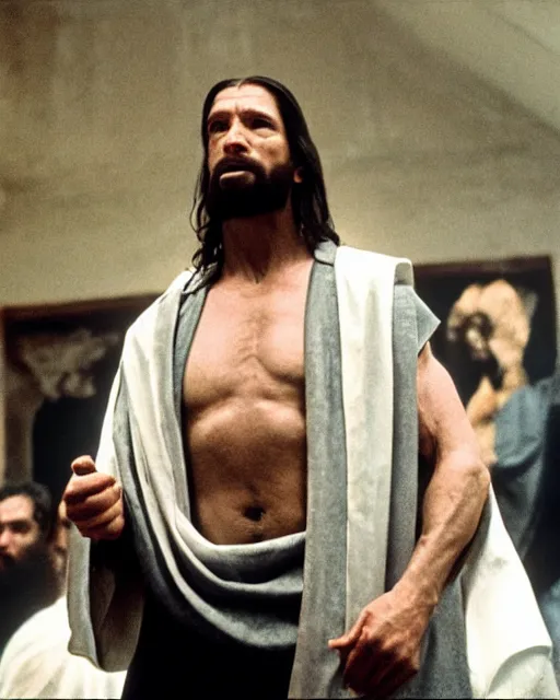 Image similar to film still close - up shot of vince mcmahon as jesus. photographic, photography