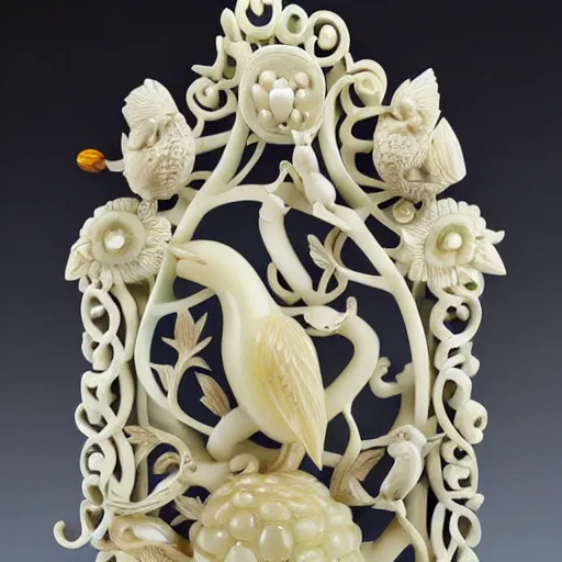 Image similar to a intricate ivory carving sculpture with birds lemons jade stones and jungle leaves, ornate, complex, highly detailed, fine detail