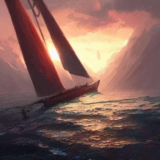 Prompt: sailing, sunset , highly detailed, illustration, fantasy art, in the style of greg rutkowski, epic, fantasy, intricate, hyper detailed, artstation, concept art, smooth, sharp focus, ray tracing