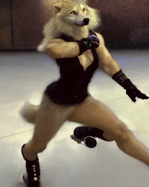 Prompt: white female anthro wolf skating at a roller derby, 4 k, furaffinity, trending on artstation, very expressive detailed face, energetic, speed, motion blur, by gaston bussiere, craig mullins, j. c. leyendecker, gustav klimt, artgerm, greg rutkowski, alphonse mucha