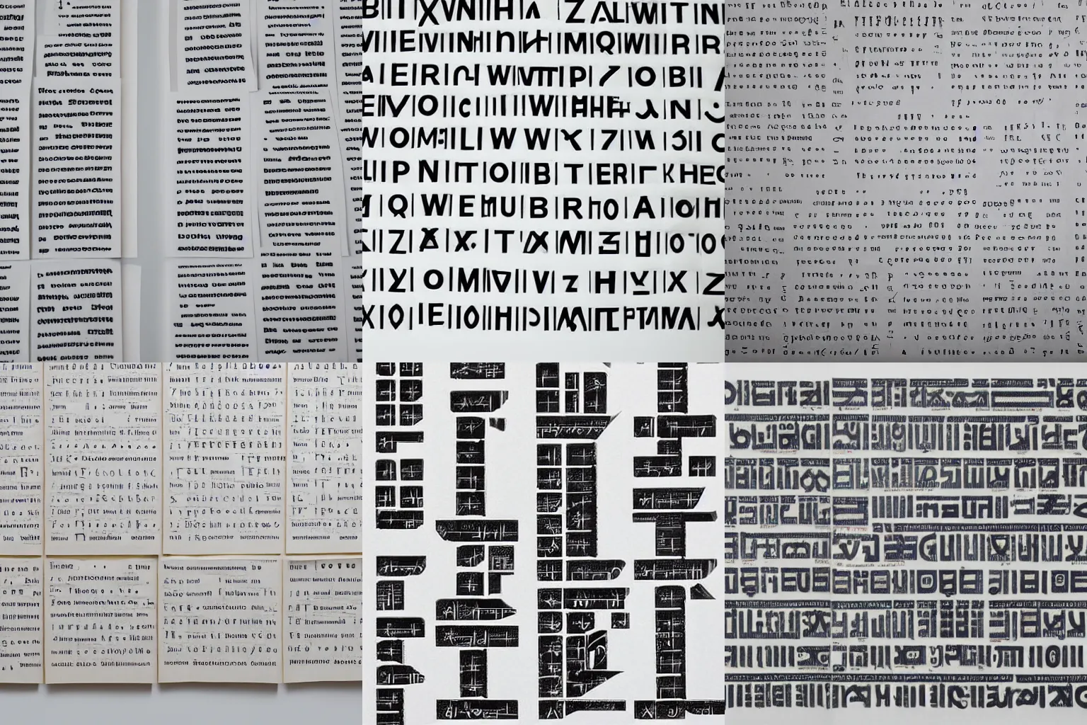 Prompt: two rows of alien alphabet with english alphabet translation next to each letter neatly printed on off white paper, wim crouwel