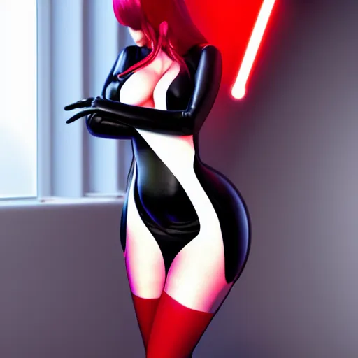 Image similar to a feminine curvy pale hot goth sweetie android wearing a modest tight black and red latex-nylon high-neck dress, cgsociety, photorealistic, sublime-hyperadvanced-amorous ambience, 16k, smooth, sharp focus, trending on ArtStation, volumetric lighting, fully clothed, thin waist