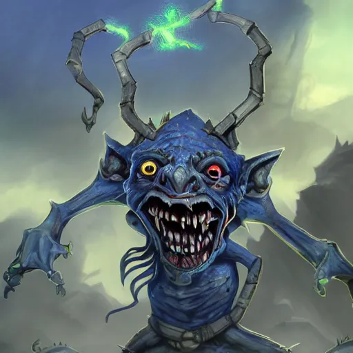 Prompt: a highly detailed goblin with grey skin and blue eyes that glow, with a windy background, like magic the gathering, goblin chainwalker,, digital art, by christopher rush