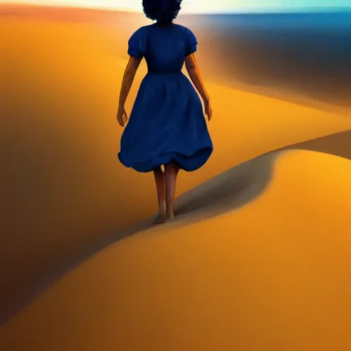 Image similar to portrait, giant dahlia flower head, girl walking between dunes, surreal photography, sunrise, blue sky, dramatic light, impressionist painting, digital painting, artstation, simon stalenhag