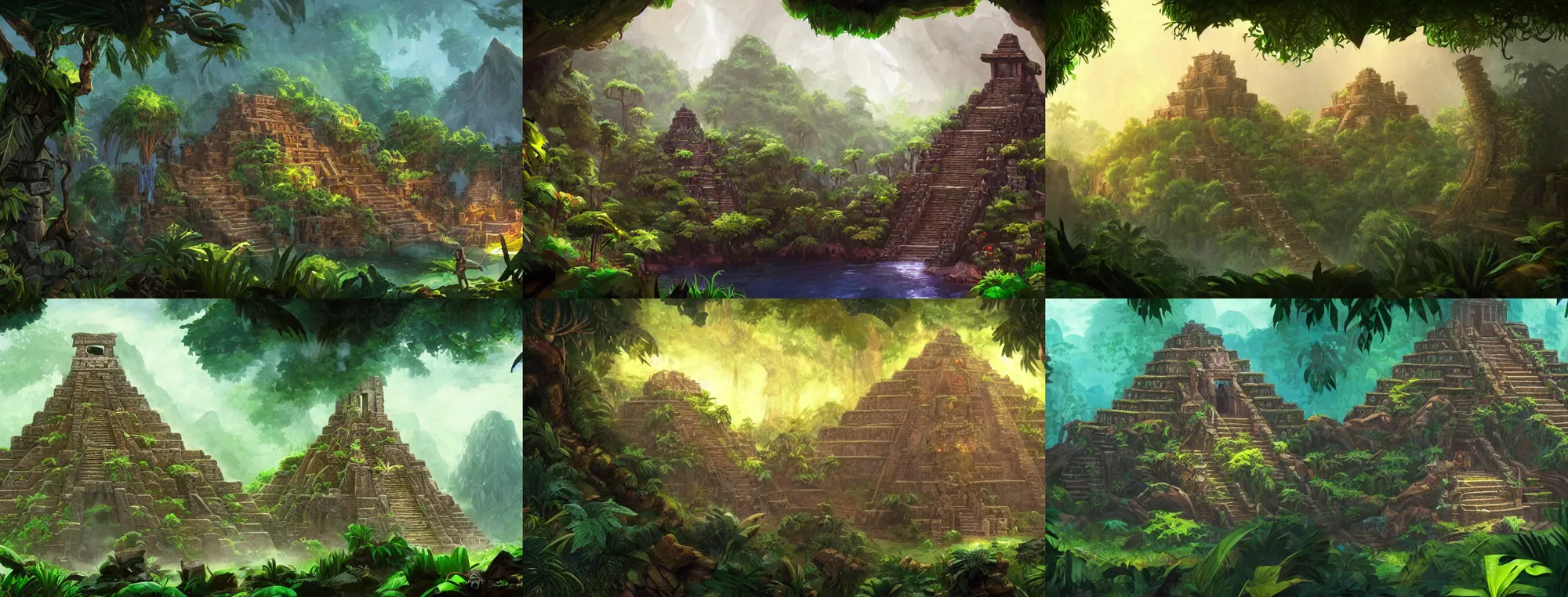 Prompt: aztec temple hidden in jungle, lush forest, mountains, environment design, beautiful, mysterious, concept art, league of legends splash art, gold and white highlights, ghibli, dramatic lighting, backlighting, epic scale