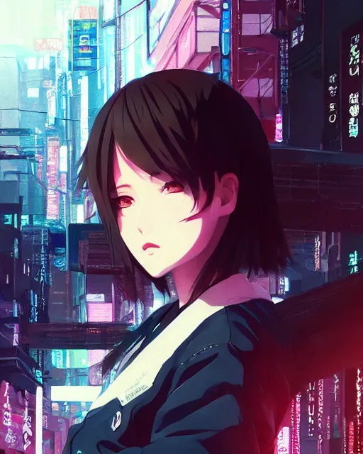 Image similar to kyoto animation, cool lady wearing cyberpunk warcore clothing, beautiful, detailed portrait, cell shaded, 4 k, concept art, by wlop, ilya kuvshinov, artgerm, krenz cushart, greg rutkowski, pixiv. cinematic dramatic atmosphere, sharp focus, volumetric lighting, cinematic lighting, studio quality