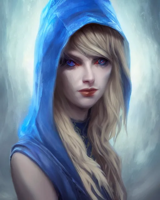 Image similar to A beautiful mysterious girl with hooded cobalt-blue eyes and silky white hair, guitar shape build, her wardrobe is attractive, full body, fantasy art, in the style of Fernando Juarez, illustration, epic art, fantasy, intricate, elgant, amazing detail, digital painting, artstation, concept art, smooth, sharp focus