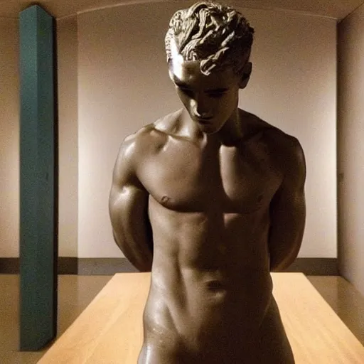 Image similar to “ a realistic detailed photo of a guy who is an attractive humanoid who is half robot and half humanoid, who is a male android, soccer player antoine griezmann, shiny skin, posing like a statue, blank stare, at the museum, on display ”