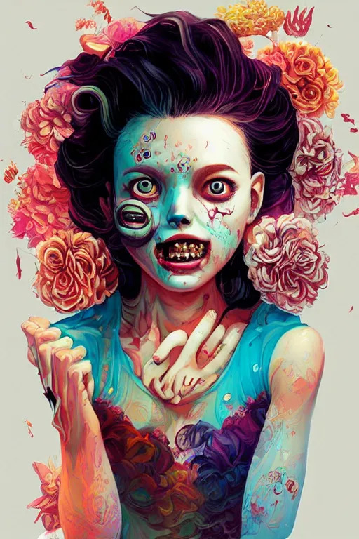 Image similar to a smiling cute zombie woman beautiful skin and wavy hair, tristan eaton, victo ngai, artgerm, rhads, ross draws