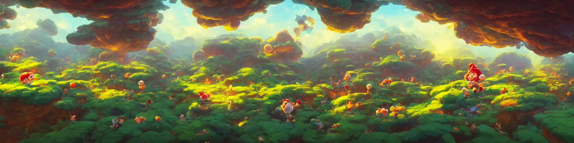 Image similar to 3 6 0 panoramic dynamics matte painting acrylic blur oil wonderland marioworld yoshi kurbi dofus, hight contrast, overlay layer photoshop, behance hd by jesper ejsing, by rhads, makoto shinkai and lois van baarle, ilya kuvshinov, rossdraws global illumination