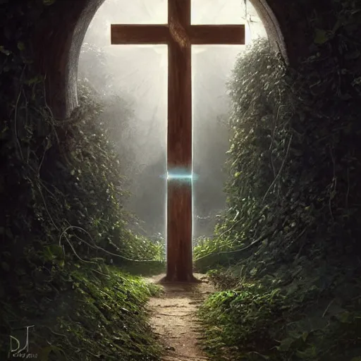 Image similar to a christian cross as the light at the end of the tunnel, with a few vines and overgrowth, concept art by Doug Chiang cinematic, realistic painting, high definition, digital art, symmetrical, very detailed, extremely high detail, photo realistic, concept art, unreal engine 5,